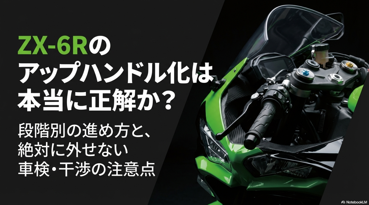 ZX-6Rのアップハンドル化はアリ?段階別のやり方と干渉・ホース・車検の注意点 ZX-6Rのアップハンドル化は本当に正解かを段階別に解説する表紙スライド