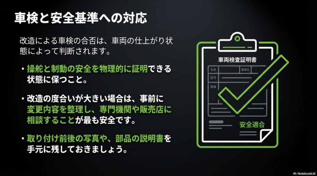 ZX-6Rのアップハンドル化はアリ?段階別のやり方と干渉・ホース・車検の注意点 改造の可否は仕上がりで判断され、事前相談や写真・説明書の準備が有効と示すスライド