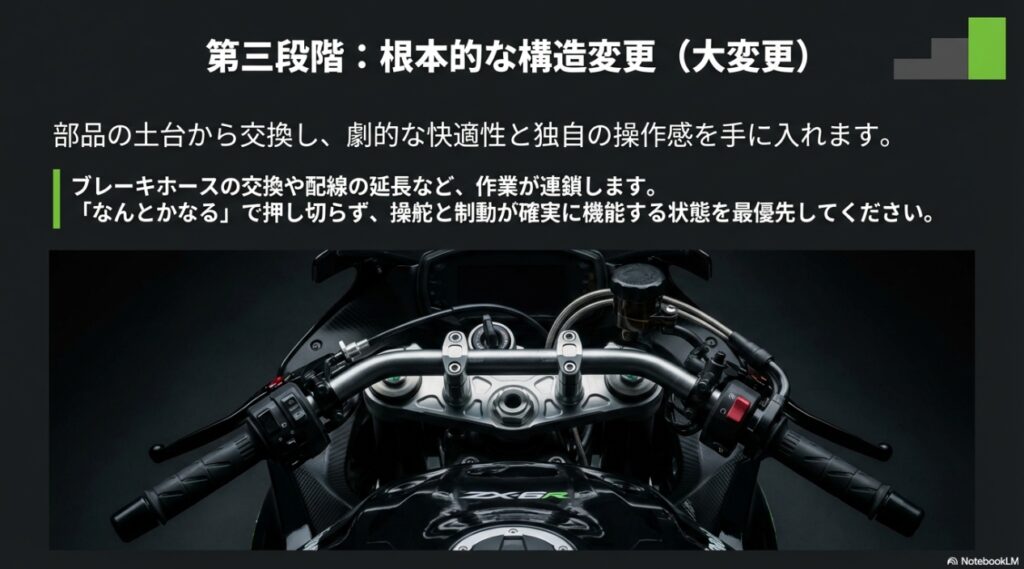 ZX-6Rのアップハンドル化はアリ?段階別のやり方と干渉・ホース・車検の注意点 土台から交換する大変更でブレーキホース交換や配線延長が連鎖し安全優先が重要と示すスライド