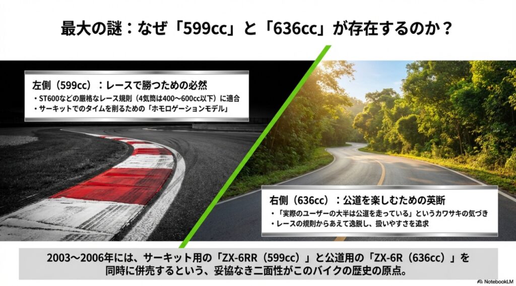 レース用の599ccと公道用の636ccが存在する理由の解説スライド