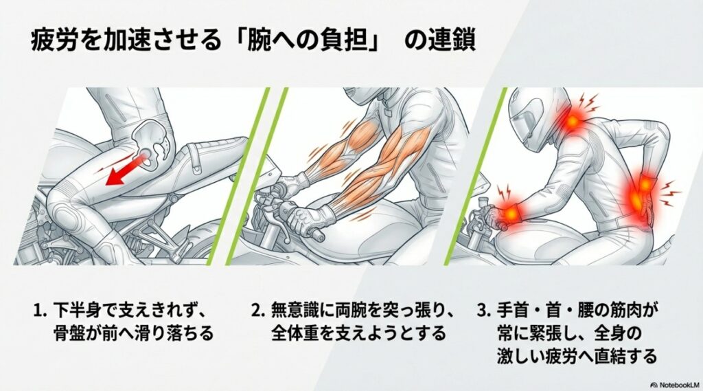 ツーリング後半の疲労が激減!ZX-6Rにバックステップを導入する本当のメリットとおすすめ比較 下半身で支えきれず骨盤が前へ滑り落ち、両腕を突っ張ることで疲労が加速する連鎖メカニズム