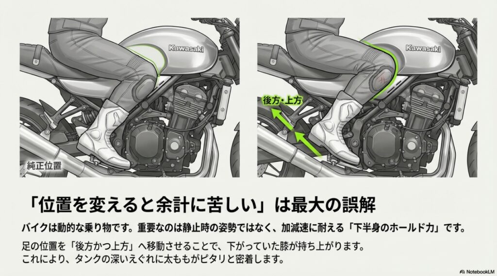 ツーリング後半の疲労が激減!ZX-6Rにバックステップを導入する本当のメリットとおすすめ比較 純正位置と後方・上方へ移動したステップ位置の比較。膝が持ち上がりタンクに密着する