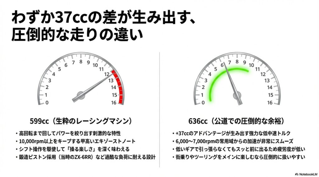599ccの高回転特性と636ccの低中速トルク特性の比較メーター図