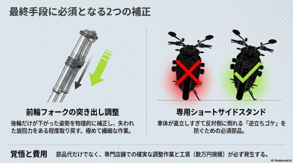 ローダウン時に必須となるフロントフォーク突き出し調整とショートサイドスタンド交換