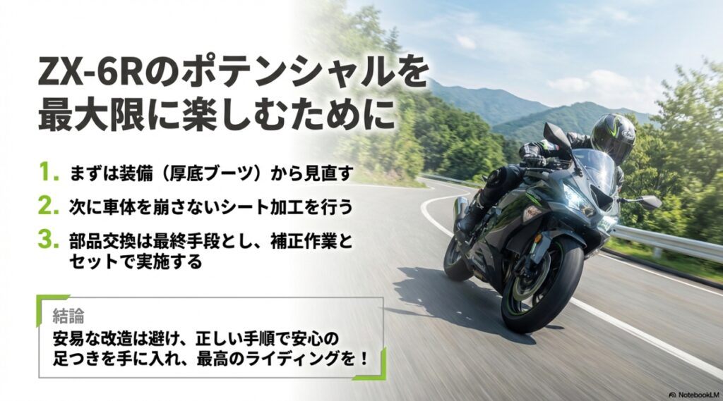 ZX-6Rの走りを殺さずに足つきを改善する段階的アプローチの結論