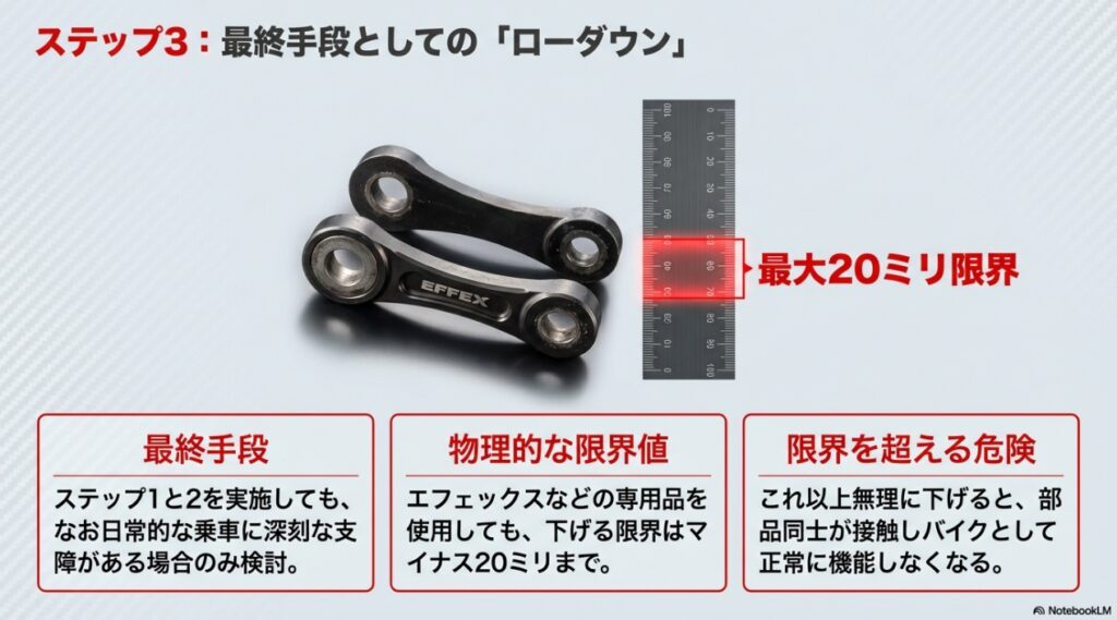 ローダウンキットの物理的な限界値であるマイナス20ミリの解説