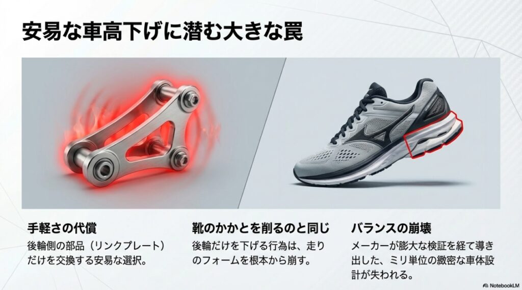リンクプレート交換のみを行う安易なローダウンのリスク（靴のかかとを削るのと同じ状態）