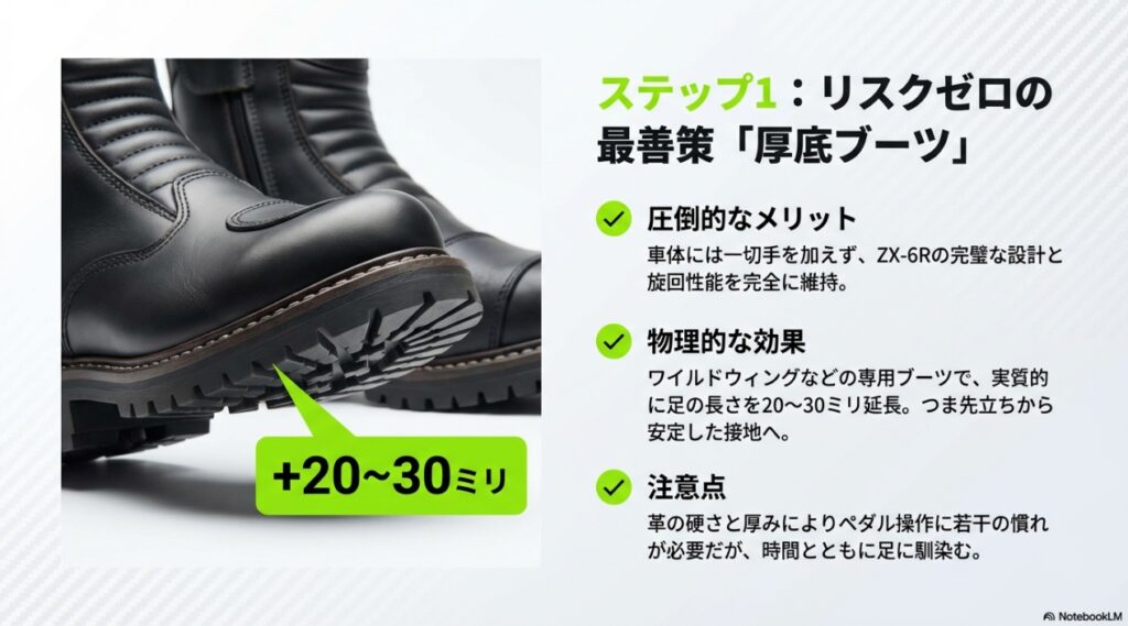 足つき改善の第一選択となる厚底ライディングブーツ（プラス20〜30ミリの効果）