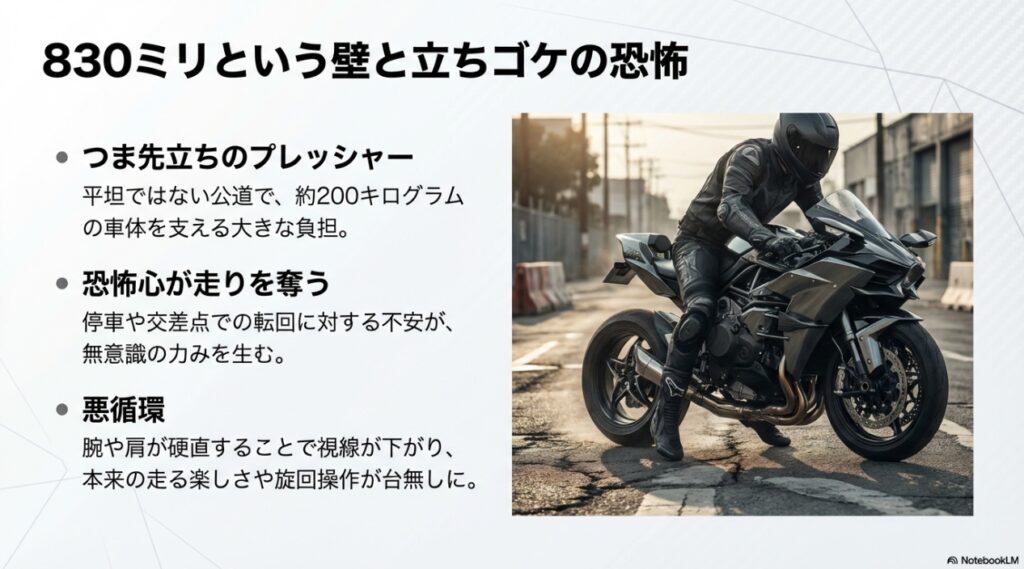 ZX-6Rのシート高830mmによるつま先立ちのプレッシャーと立ちゴケの恐怖