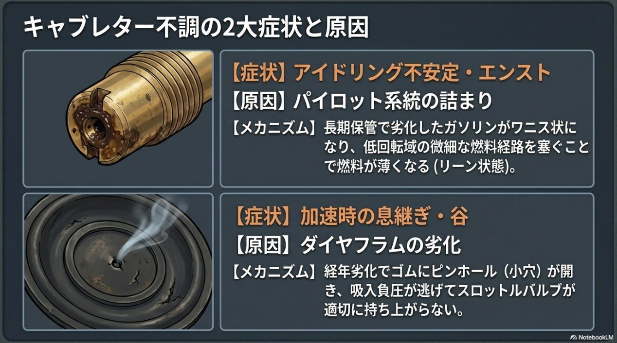 キャブレター不調の2大症状（アイドリング不安定と息継ぎ）とパイロット系統やダイヤフラムなどの原因