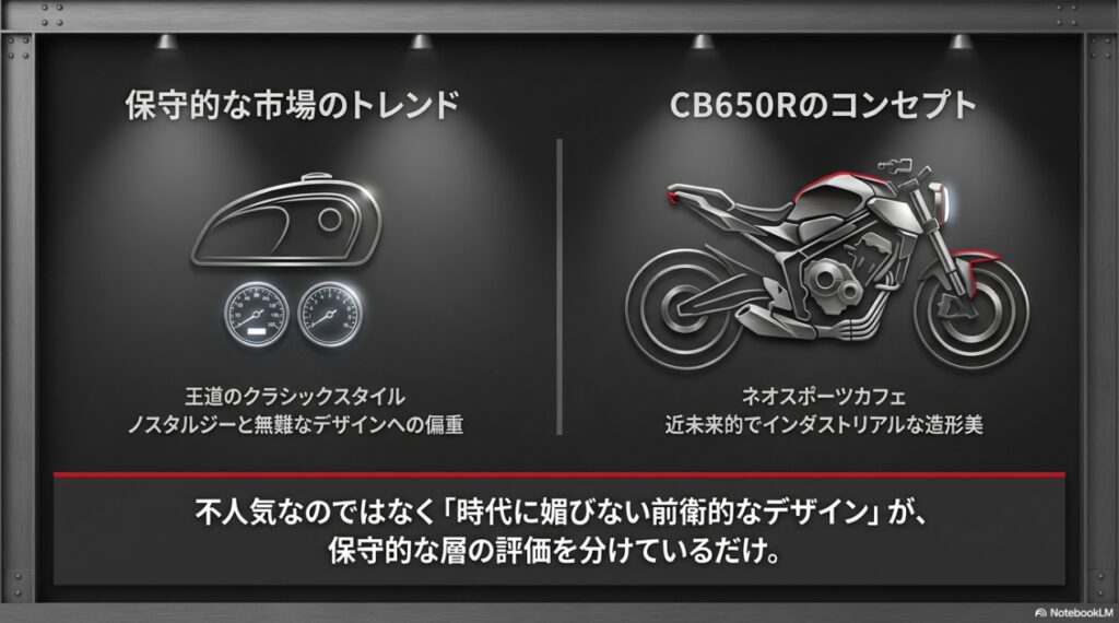 王道クラシックを好む保守的な市場トレンドと、CB650Rのネオスポーツカフェコンセプトの比較