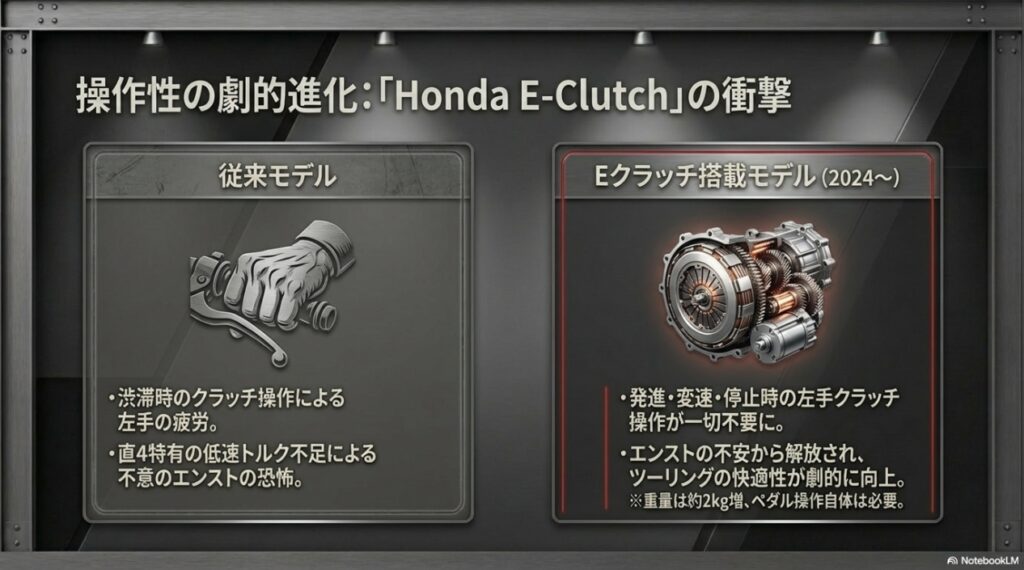 Honda E-Clutch搭載による、渋滞時の左手疲労の軽減や不意のエンスト不安からの解放