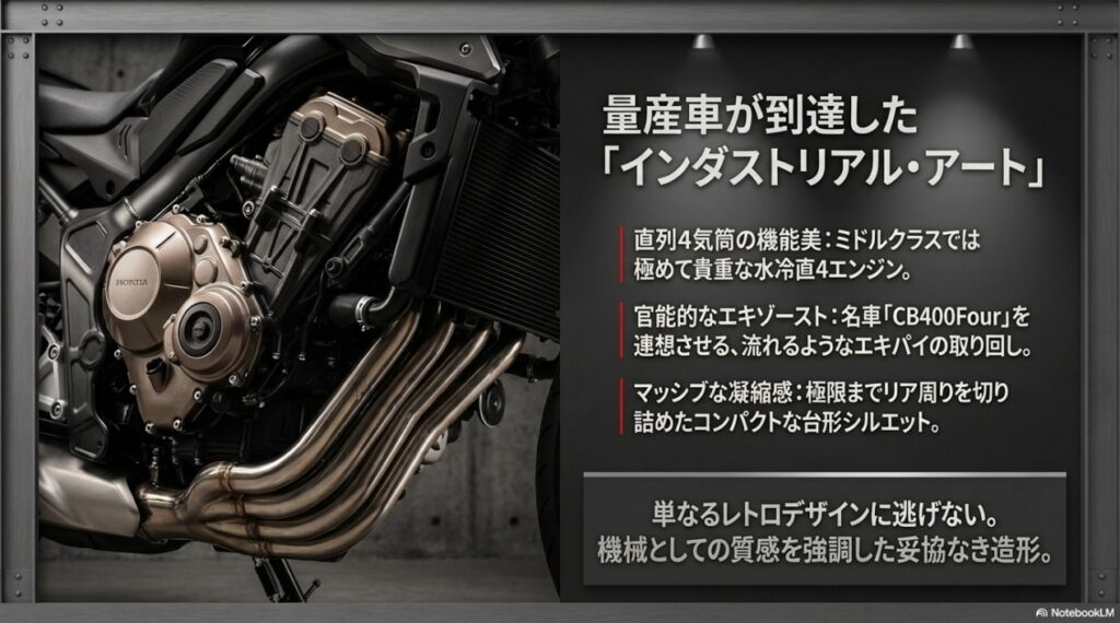 CB400Fourを連想させるエキパイやマッシブなシルエットなど、CB650Rのインダストリアル・アートとしての造形美