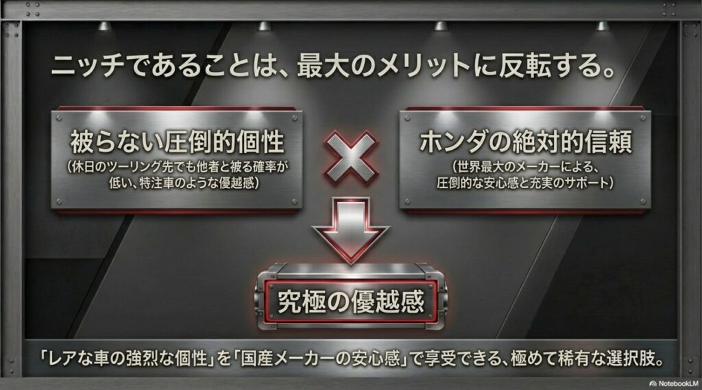 他のライダーと被らない圧倒的個性と、ホンダの絶対的信頼性がもたらす究極の優越感