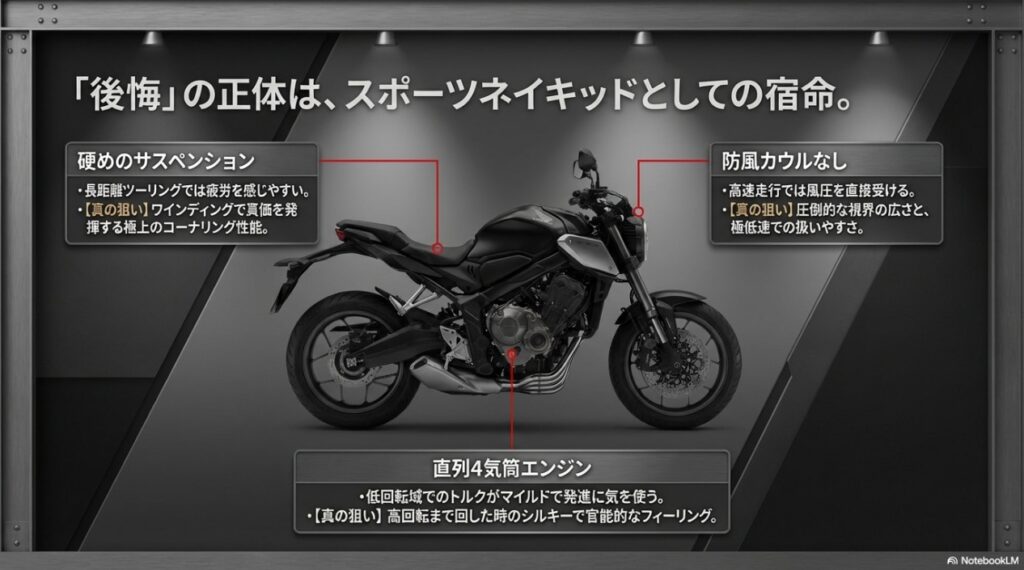 CB650Rの硬めのサスや防風カウルなしといった仕様の裏にある、スポーツネイキッドとしての真の狙い