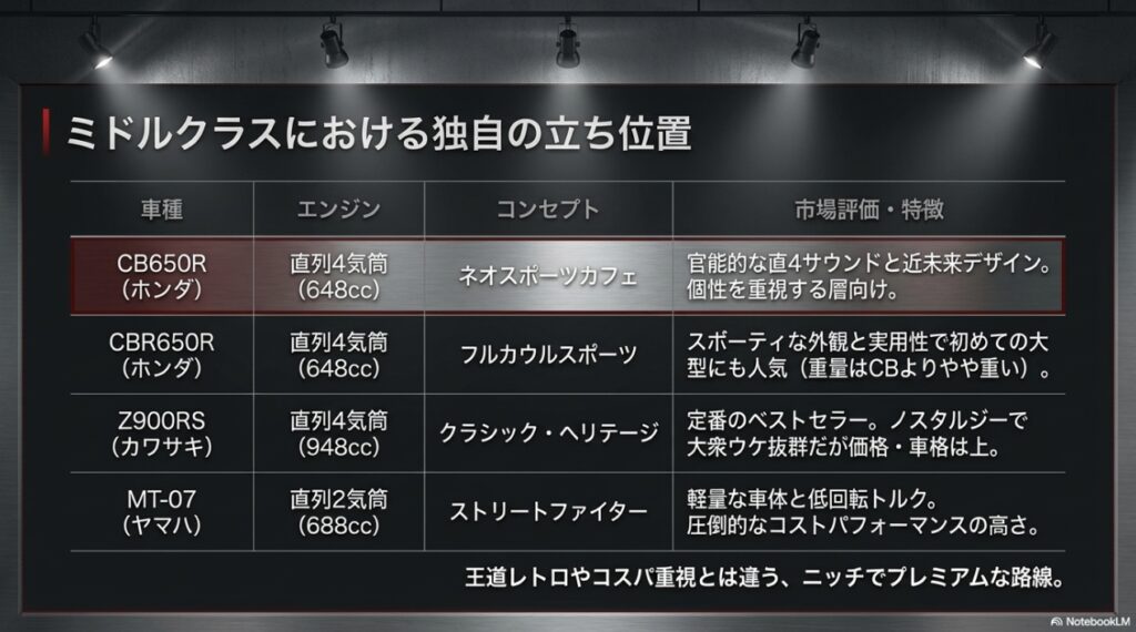 CB650R、CBR650R、Z900RS、MT-07のエンジン形式やコンセプト、市場評価の比較一覧