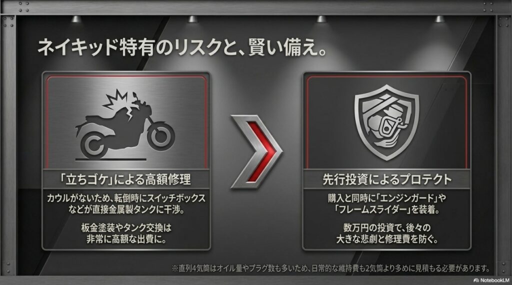 カウルがないCB650R特有の立ちゴケによるタンク修復コストと、エンジンガード等の先行投資の推奨