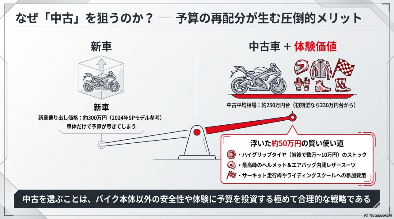 CBR1000RR-Rの中古選びで後悔しない!ハズレ個体の見極め方と年式別の最適解 中古車を選ぶことで浮いた予算をハイグリップタイヤや高品質なライディングギア、サーキット走行費用などに再配分するメリットの図解