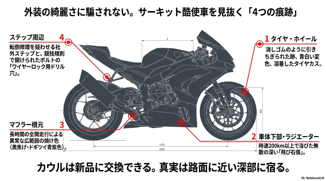 CBR1000RR-Rの中古選びで後悔しない!ハズレ個体の見極め方と年式別の最適解 サーキット酷使車を見抜く4つの痕跡(タイヤのアブレーション、車体下部の飛び石傷、マフラー根元の異常な焼け色、ステップ周辺のワイヤリング穴)