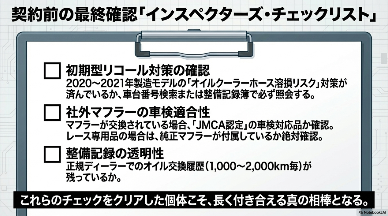 CBR1000RR-Rの中古選びで後悔しない!ハズレ個体の見極め方と年式別の最適解 契約前の最終チェックリスト。初期型のリコール対策確認、社外マフラーの車検適合性、整備記録の透明性の3項目