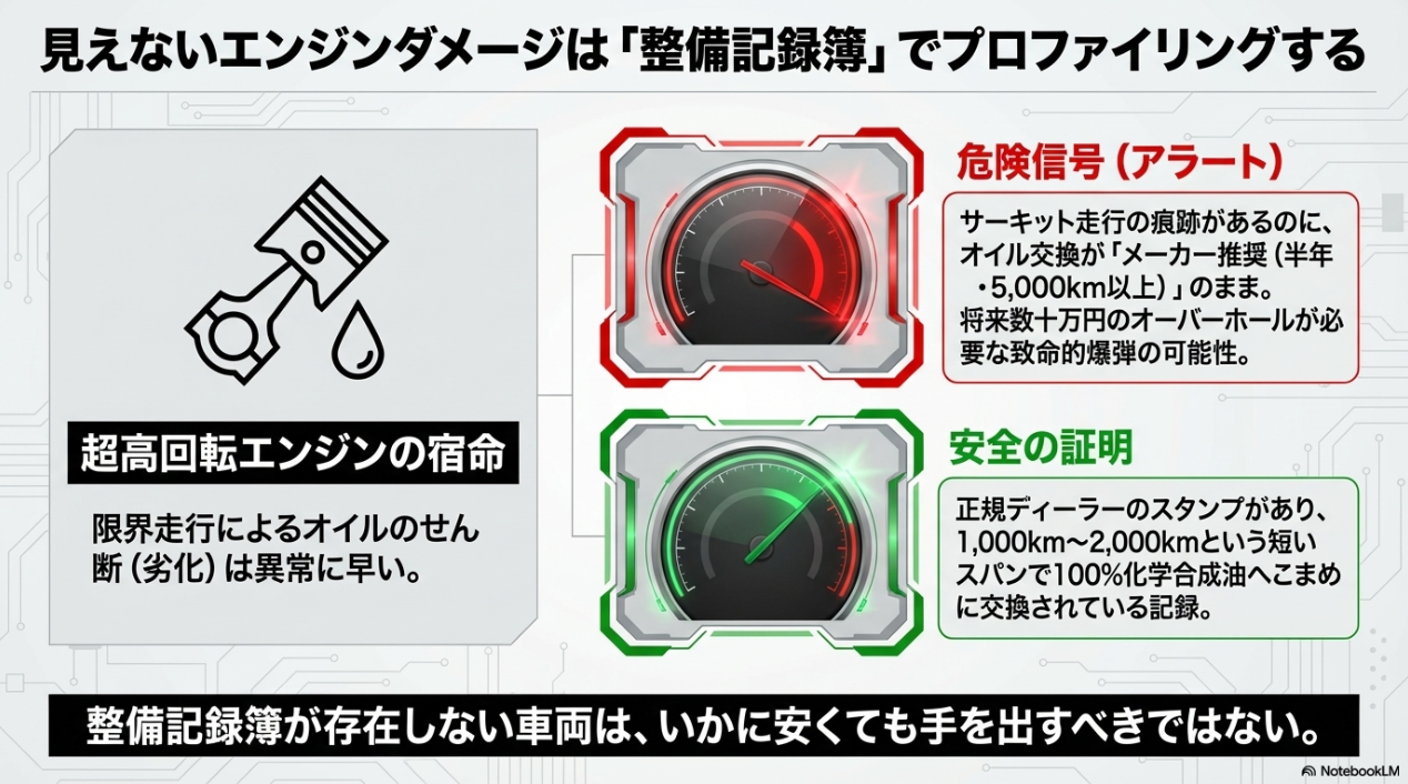 CBR1000RR-Rの中古選びで後悔しない!ハズレ個体の見極め方と年式別の最適解 エンジンダメージを推測するための整備記録簿の重要性。サーキット走行によるオイル劣化と、こまめなオイル交換履歴の有無による安全性の違い