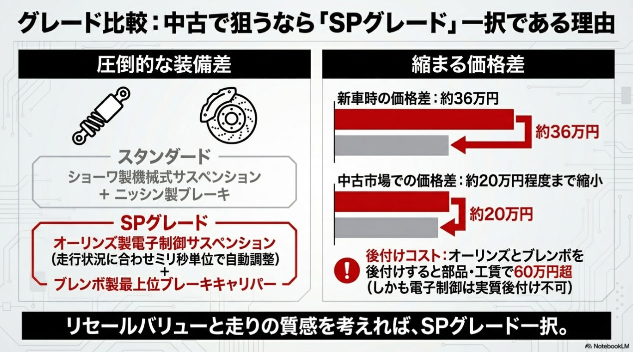 CBR1000RR-Rの中古選びで後悔しない!ハズレ個体の見極め方と年式別の最適解 STDとSPグレードの装備差と価格差。中古市場では価格差が縮まるため、オーリンズ製電子制御サスペンションとブレンボ製ブレーキを備えるSPグレードがお得である理由