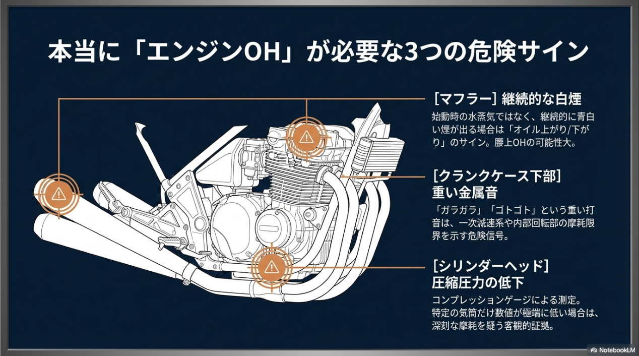 本当にエンジンオーバーホールが必要な3つの危険サイン（マフラーからの白煙、クランクケースの重い金属音、圧縮圧力の低下）