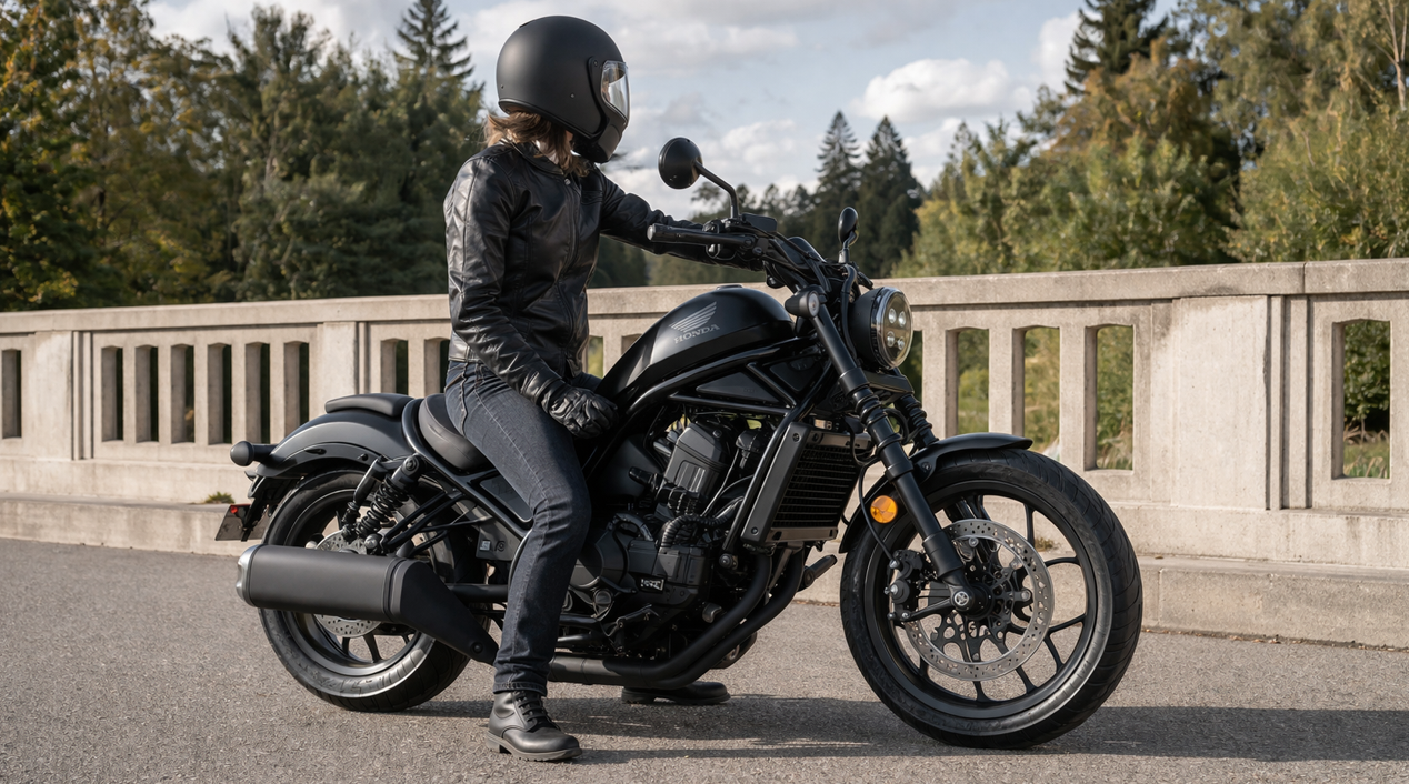 レブル1100の足つき性と低重心による扱いやすさが伝わるイメージ