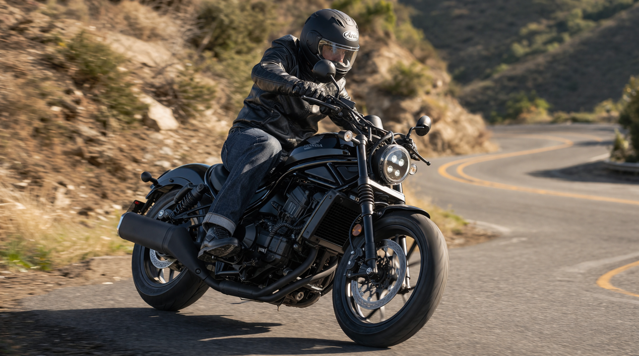 レブル1100の加速感とスポーティーな走りをイメージできる走行シーン