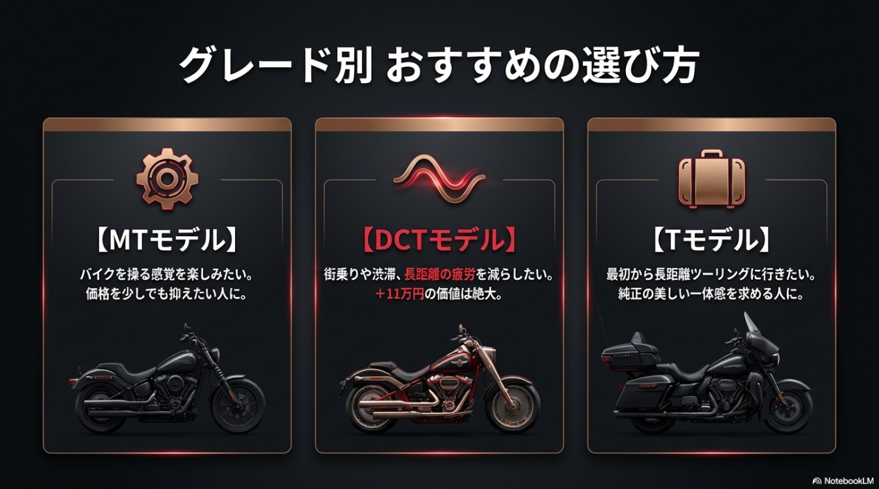 操作感重視のMT、疲労軽減のDCT、ツーリング特化のTモデルなど、目的や用途に合わせたおすすめの選び方