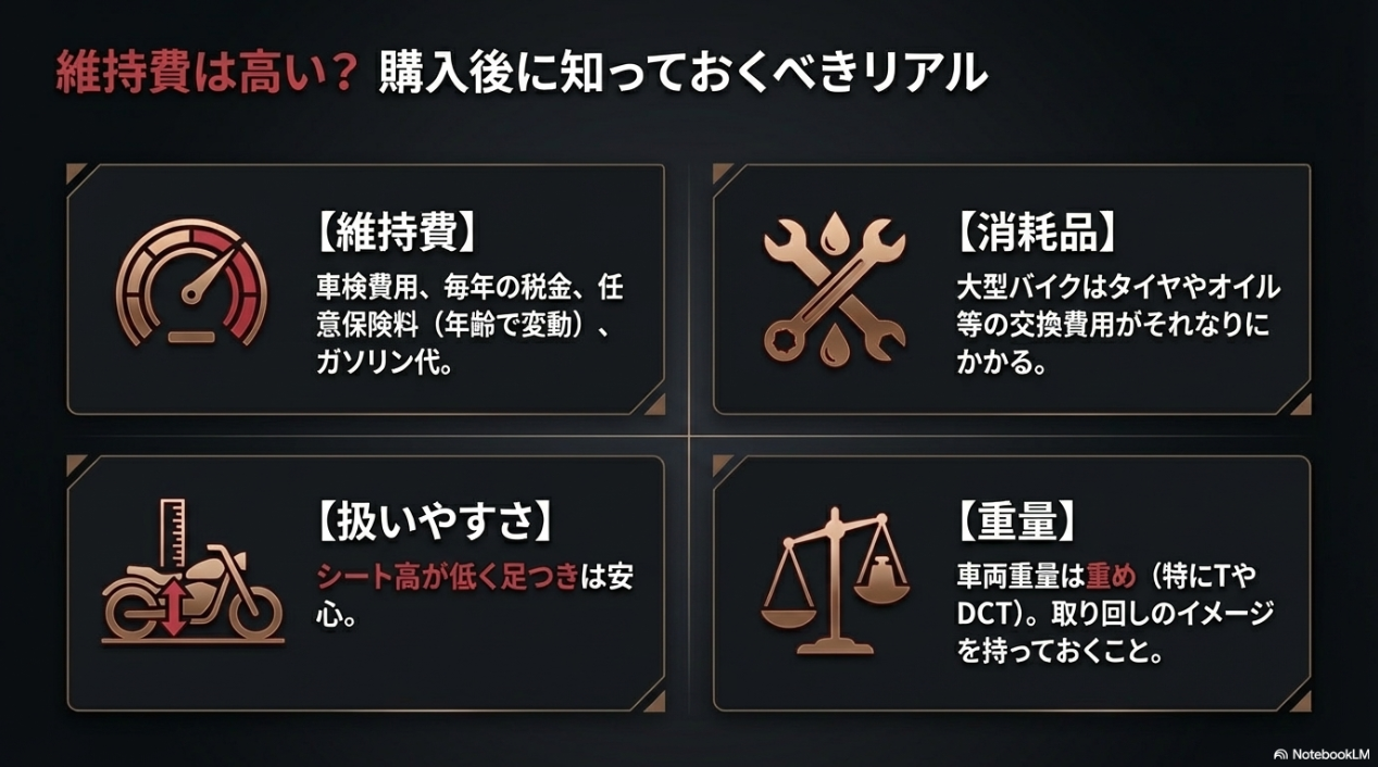 車検費用、消耗品代などの維持費や、シート高、車両重量など購入後に知っておくべき扱いやすさのリアル