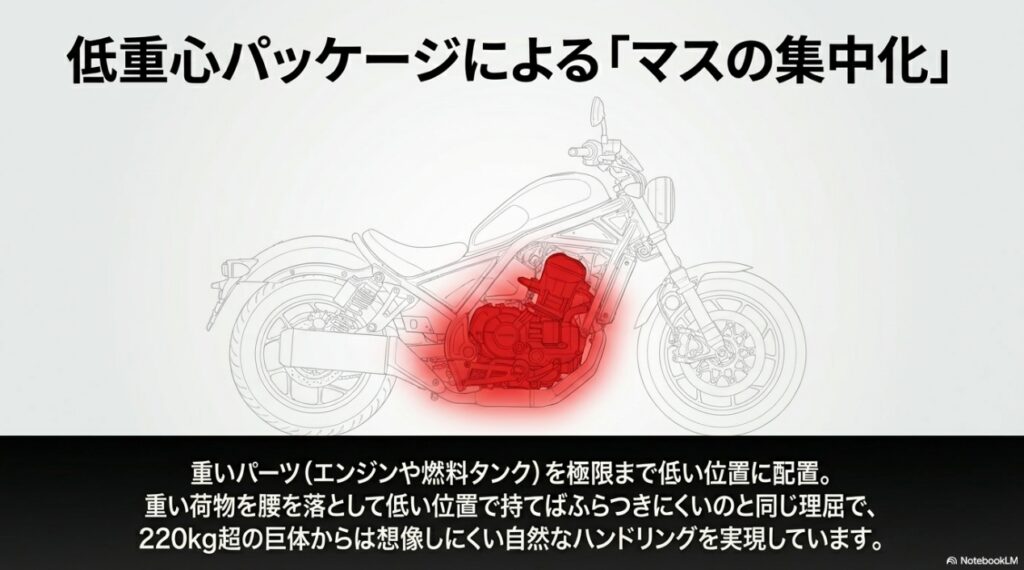 レブル1100は重い?重量・取り回し・足つきから実際の扱いやすさを解説 エンジンや燃料タンクなどの重いパーツを極限まで低い位置に配置したレブル1100の低重心構造図