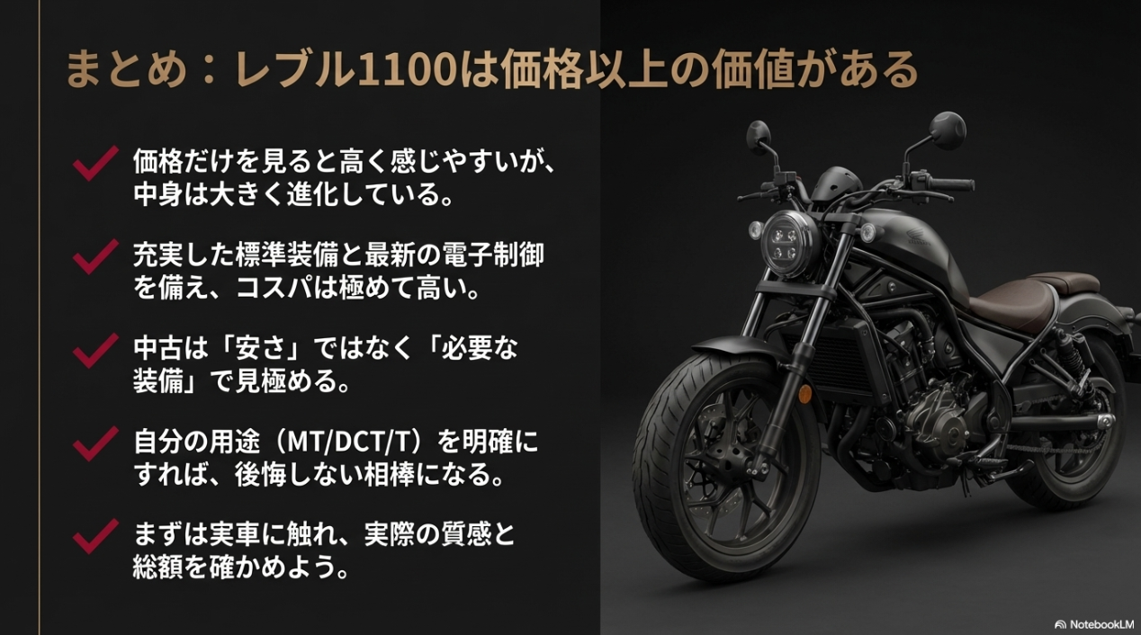 充実した標準装備や機能の進化を踏まえると、レブル1100はコストパフォーマンスが高く価格以上の価値があるという結論