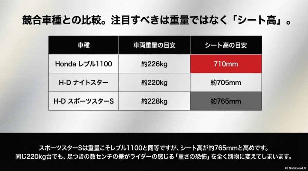 レブル1100は重い?重量・取り回し・足つきから実際の扱いやすさを解説 レブル1100、ナイトスター、スポーツスターSの車両重量とシート高の比較表。重量だけでなく足つきの差が重さの恐怖を変えることの解説