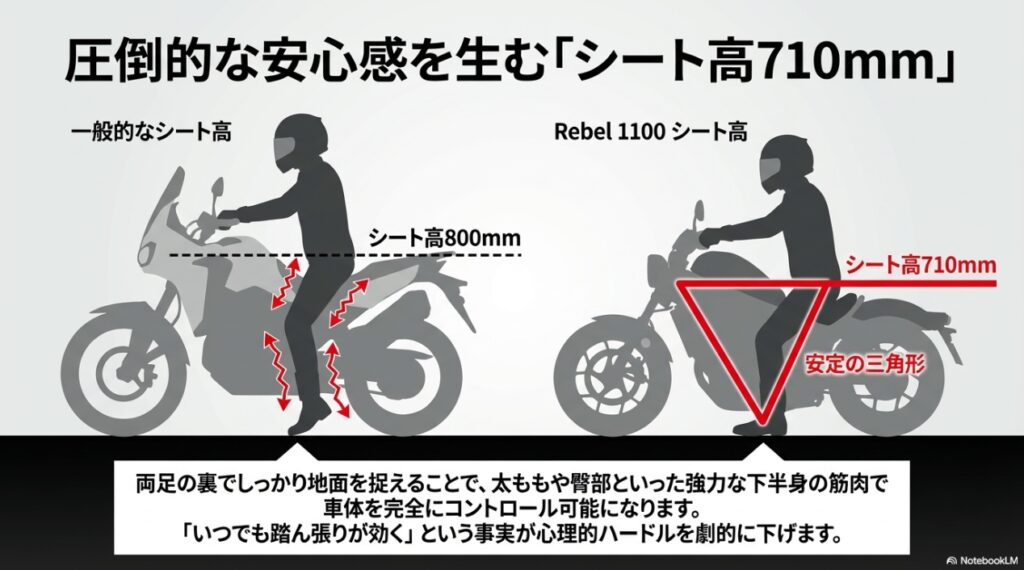 レブル1100は重い?重量・取り回し・足つきから実際の扱いやすさを解説 一般的なシート高800mmのバイクとレブル1100のシート高710mmの比較図。両足の裏でしっかり地面を捉えることで生まれる安定の三角形