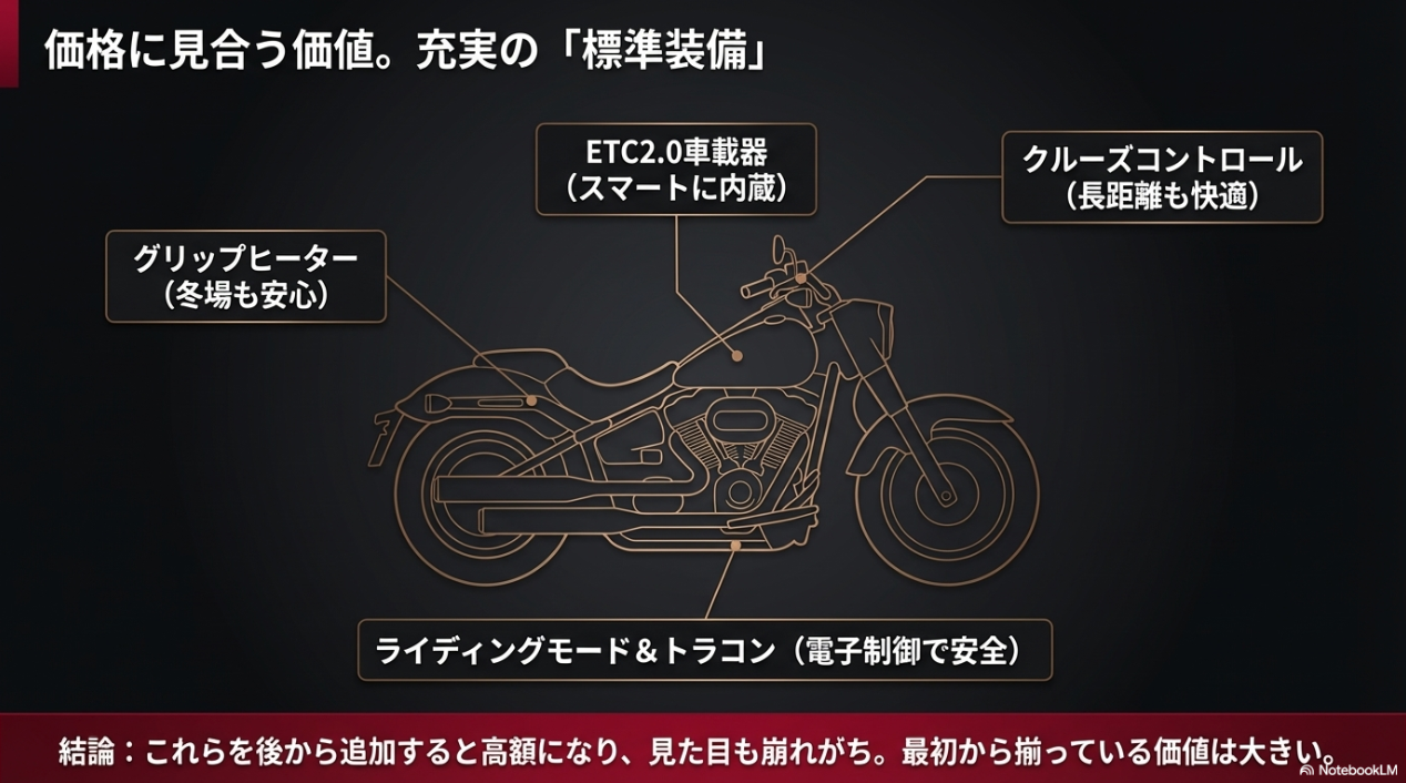 ETC2.0車載器、クルーズコントロール、グリップヒーターなどレブル1100に最初から搭載されている充実した標準装備の解説図