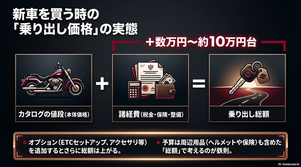 カタログに記載されている本体価格と、諸経費やオプションを含めた実際の乗り出し総額の違いを示すイメージ図