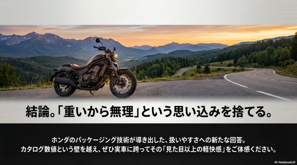 レブル1100は重い?重量・取り回し・足つきから実際の扱いやすさを解説 結論。「重いから無理」という思い込みを捨て、ホンダのパッケージング技術が導き出した扱いやすさを実車で体感してほしいというメッセージ