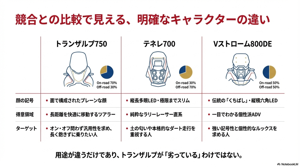 トランザルプ750は本当に「ダサい」のか?実車評価とデザインに隠された本当の魅力 トランザルプ750、テネレ700、Vストローム800DEの顔の記号と得意領域の明確な違い