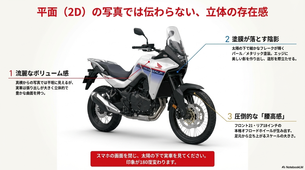 トランザルプ750は本当に「ダサい」のか?実車評価とデザインに隠された本当の魅力 平面的な写真では伝わらないトランザルプ750の実車の立体的ボリューム感と塗装の質感