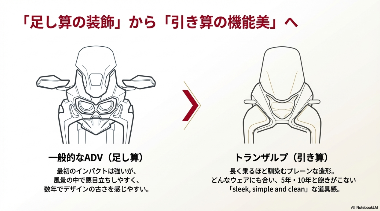 トランザルプ750は本当に「ダサい」のか?実車評価とデザインに隠された本当の魅力 一般的な足し算の装飾のアドベンチャーと引き算の機能美を持つトランザルプの比較