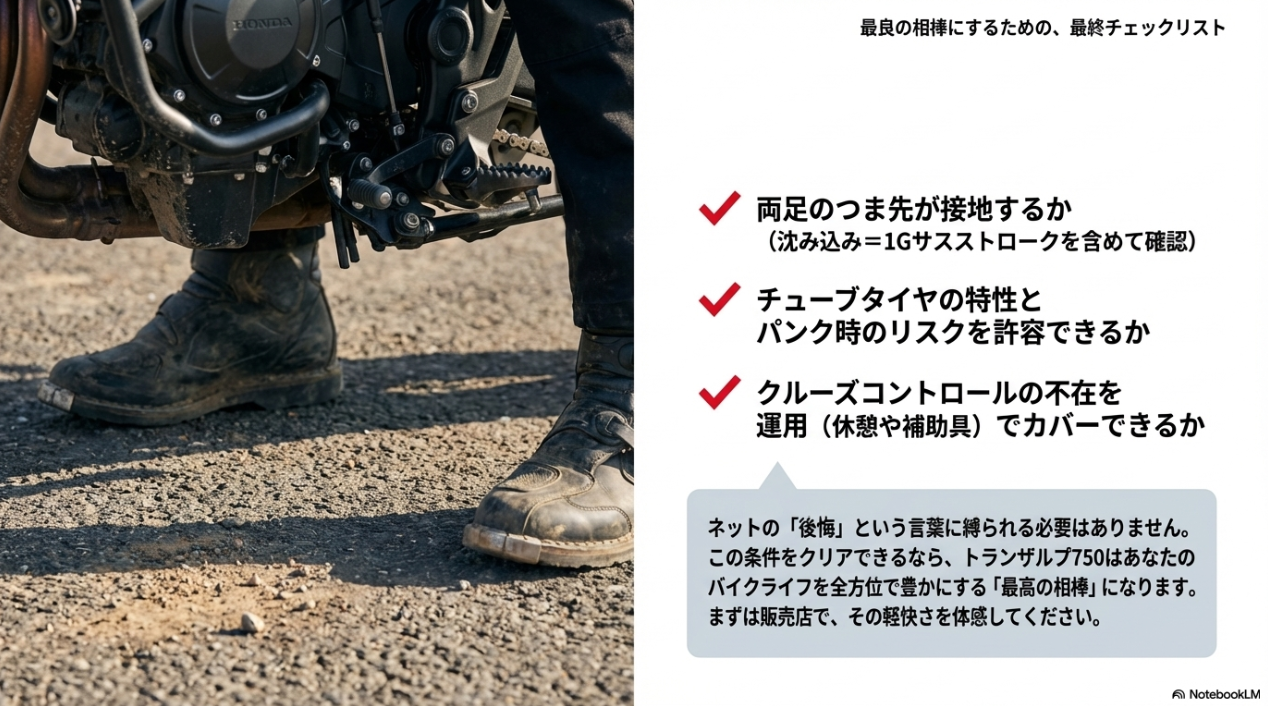 トランザルプ750を最良の相棒にするための最終チェックリスト（足つき、チューブタイヤ、クルーズコントロールの許容）