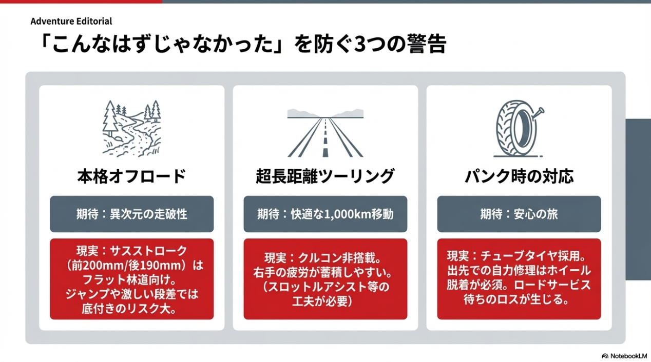 本格オフロード、超長距離ツーリング、パンク時の対応に関する期待と現実のミスマッチを防ぐ3つの警告