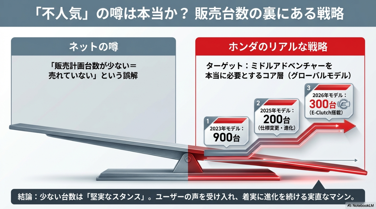 トランザルプ750の販売計画台数の推移（2023年900台、2025年200台、2026年300台）とターゲット層の戦略
