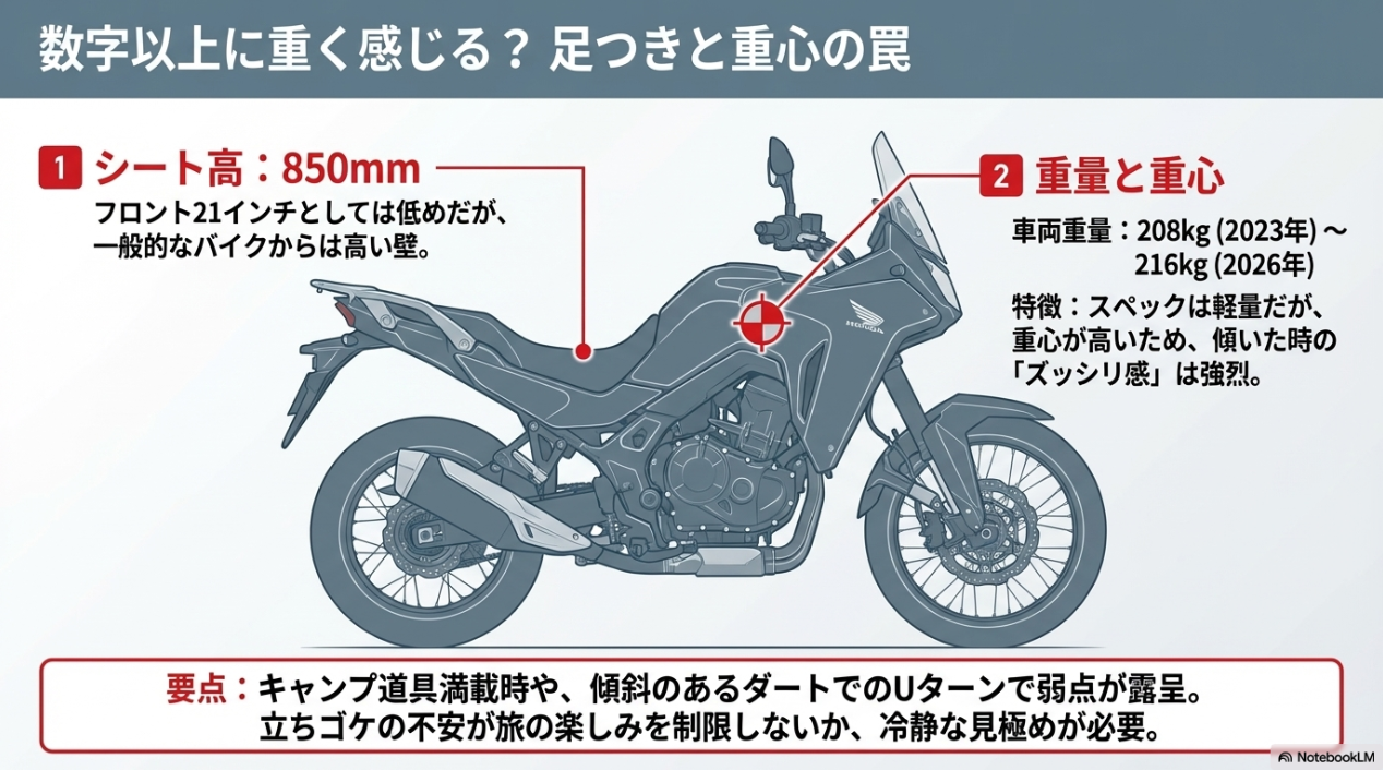 トランザルプ750の足つきと重心の罠。シート高850mmと車両重量208kg〜216kgがもたらす傾いた時のズッシリ感について