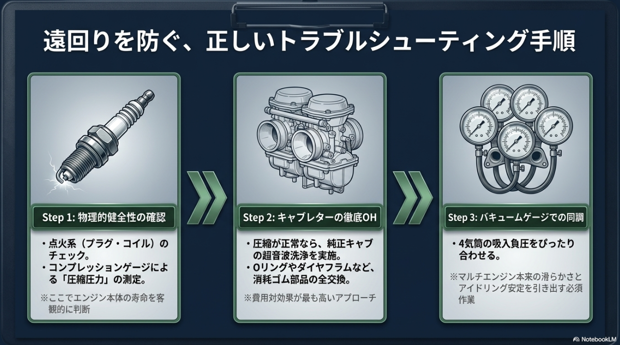 遠回りを防ぐ正しいトラブルシューティング手順（点火系・圧縮圧力確認からキャブレターOHと同調まで）