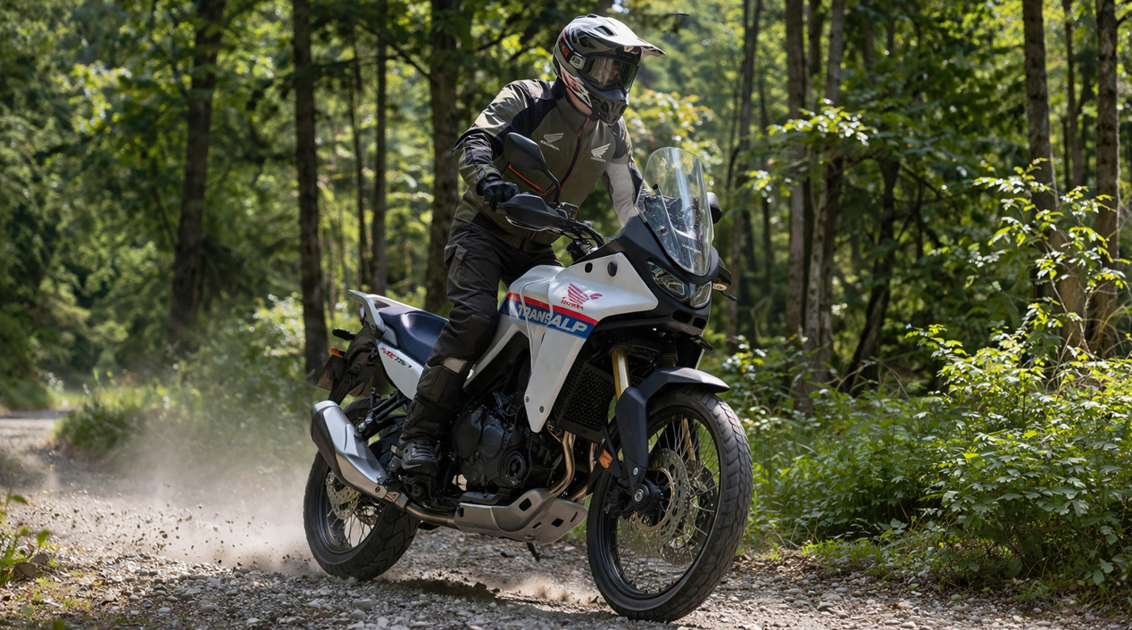 林道の砂利道を走るXL750トランザルプの実車風走行イメージ。軽いダートでの走破性とアドベンチャー感が伝わる画像