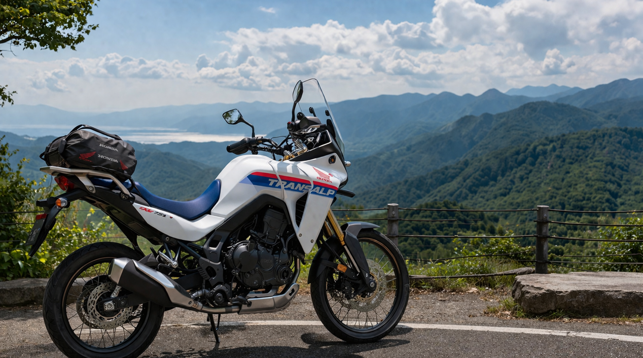山並みを望む展望スポットに停車したXL750トランザルプの実車風ツーリングイメージ。旅先での雰囲気が伝わる画像