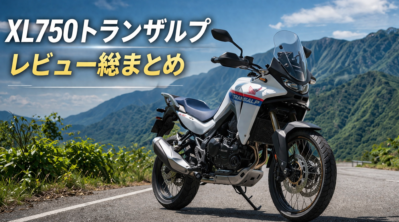 【完全版】トランザルプ750レビュー総まとめ!実車インプレから紐解く究極のツーリングマシン 山道を背景にしたXL750トランザルプのアイキャッチ画像。画像内に「XL750トランザルプ レビュー総まとめ」のテキスト入り