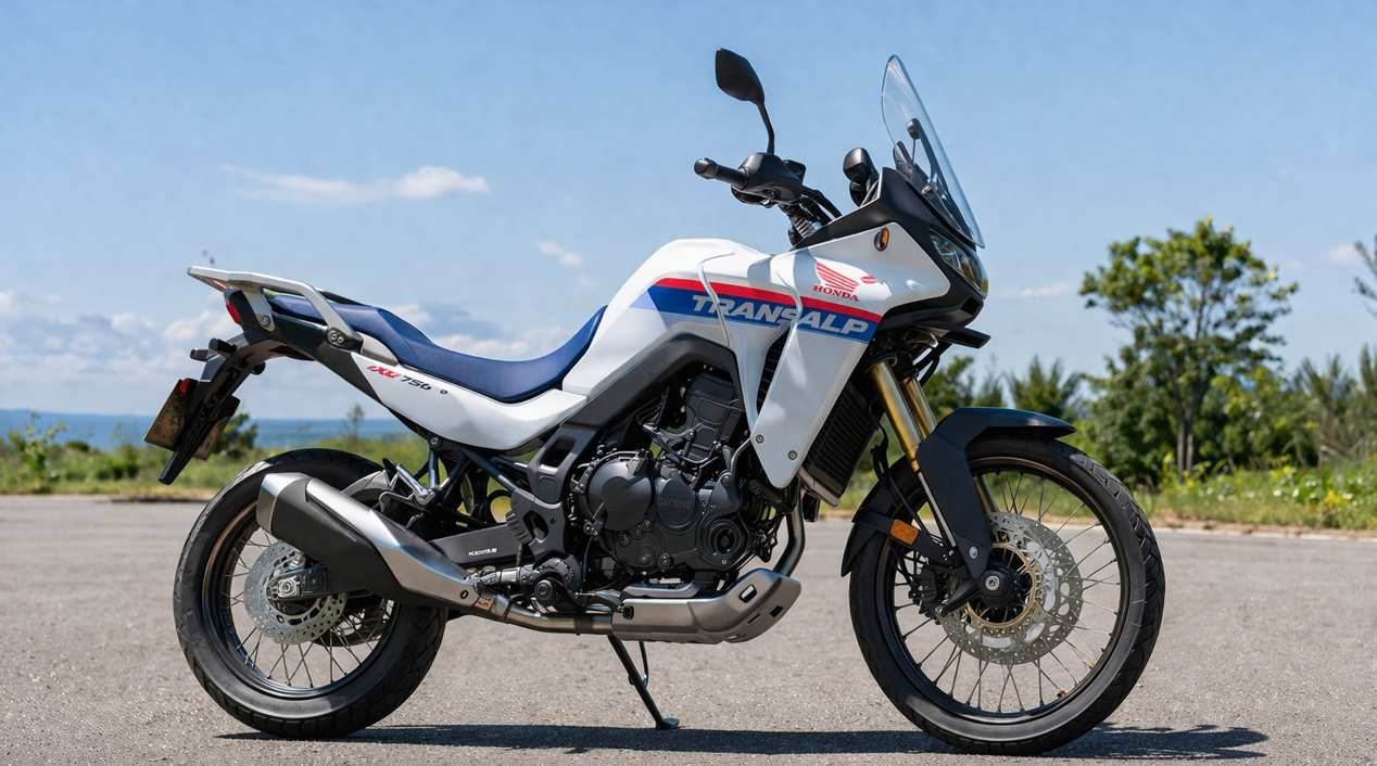 屋外の舗装路に停車したXL750トランザルプのサイドアングル画像。シート高やアップライトな乗車姿勢のイメージが伝わる実車風カット